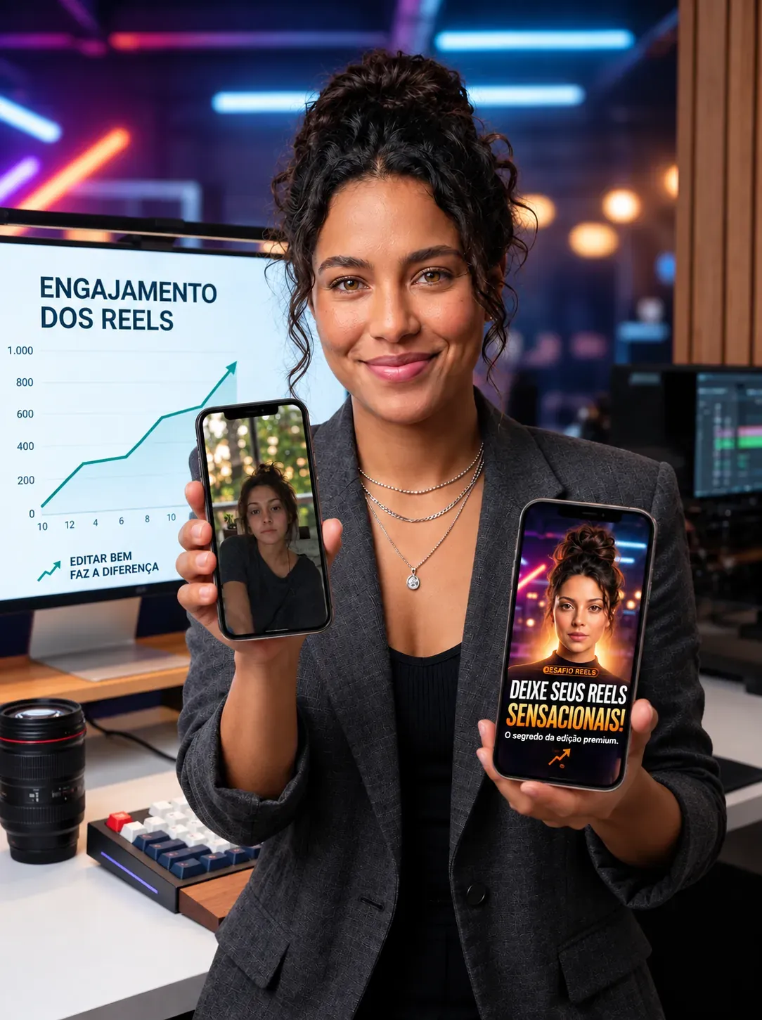 Bella Fera, criadora do InstaCover, mostra em dois celulares a capa de Reel sem tratamento ao lado da capa final com titulo, hierarquia e Safe Zone